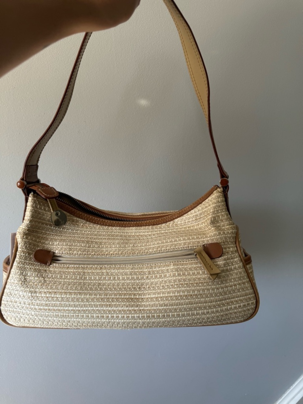 VTG Liz Claiborne Woven Beige Tan Straw Shoulder Bag Brown Trim Grandma Core S M - Picture 3 of 15